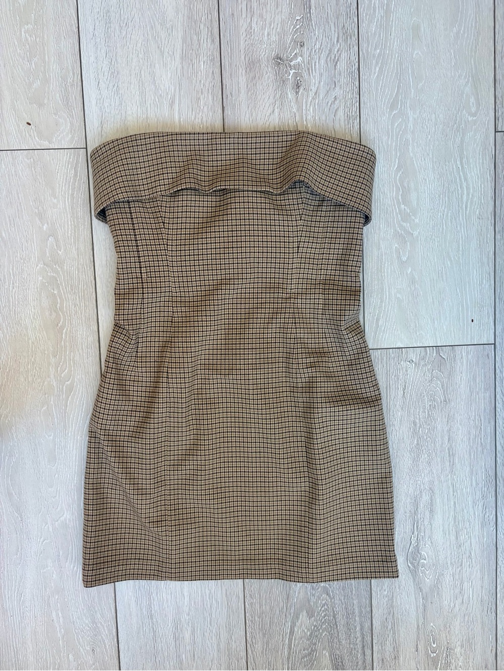 Helsa Strapless Tan Checked Mini Dress